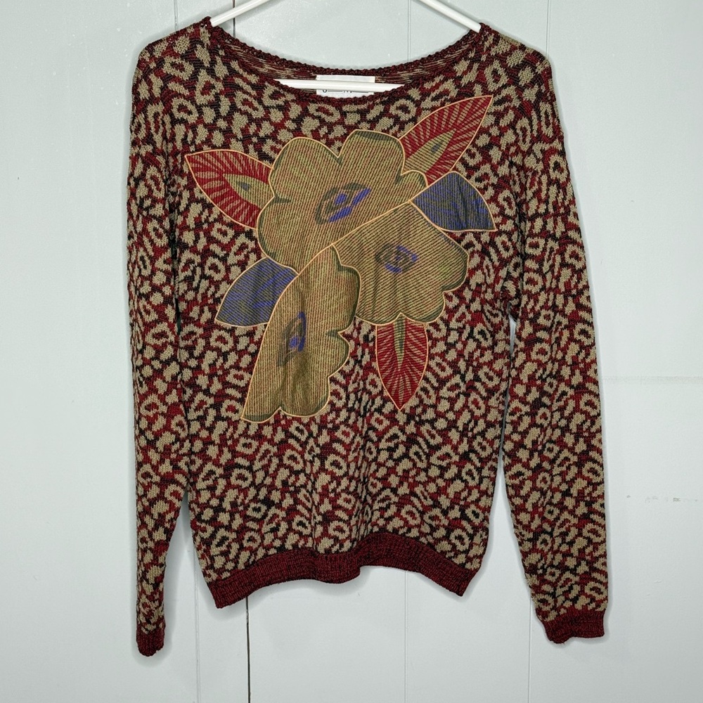 Janet Maffei Late 80s Early 90s Vintage Leopard Print Sweater with Flowers